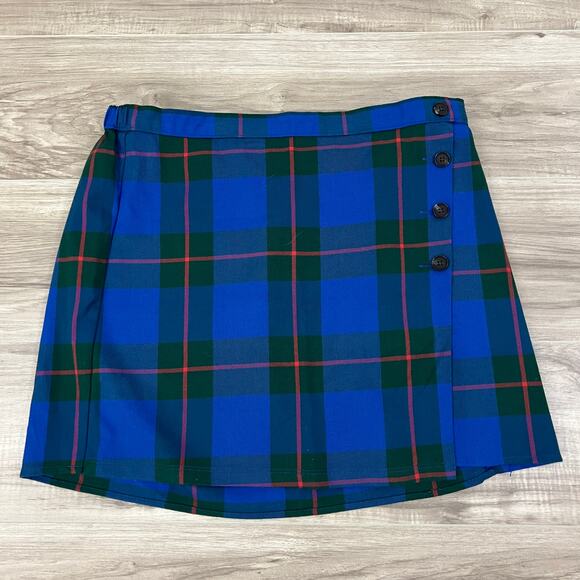 Juniors' SO Good For Life Buttoned Faux Wrap Blue, Green Plaid Skirt Size 17 - Picture 2 of 14